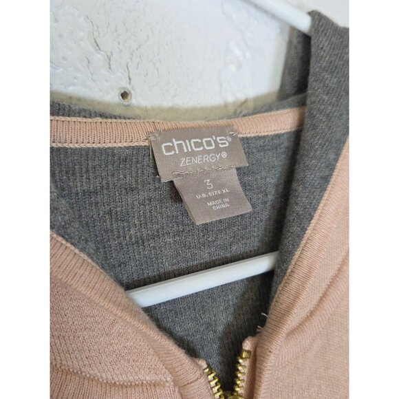 CHICO'S ZENERGY Pink & gray Stripe Zip Front Sweater Hoodie size 3 XL - Picture 2 of 4